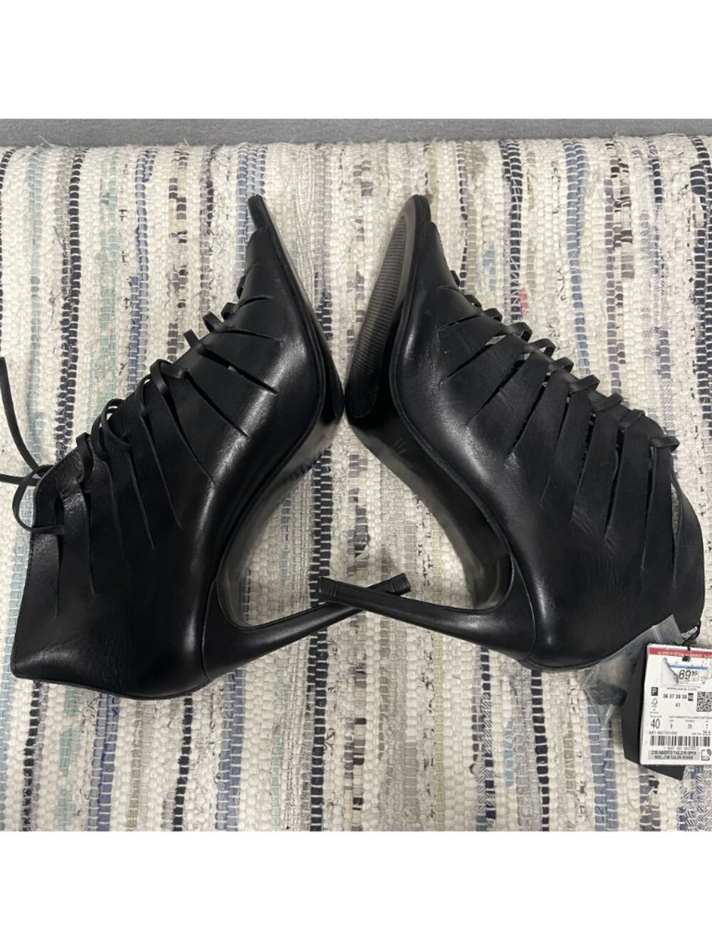 Zara Black Leather Lace-Up Stiletto Booties With Cut-Out Details Size 9 New - Picture 8 of 8